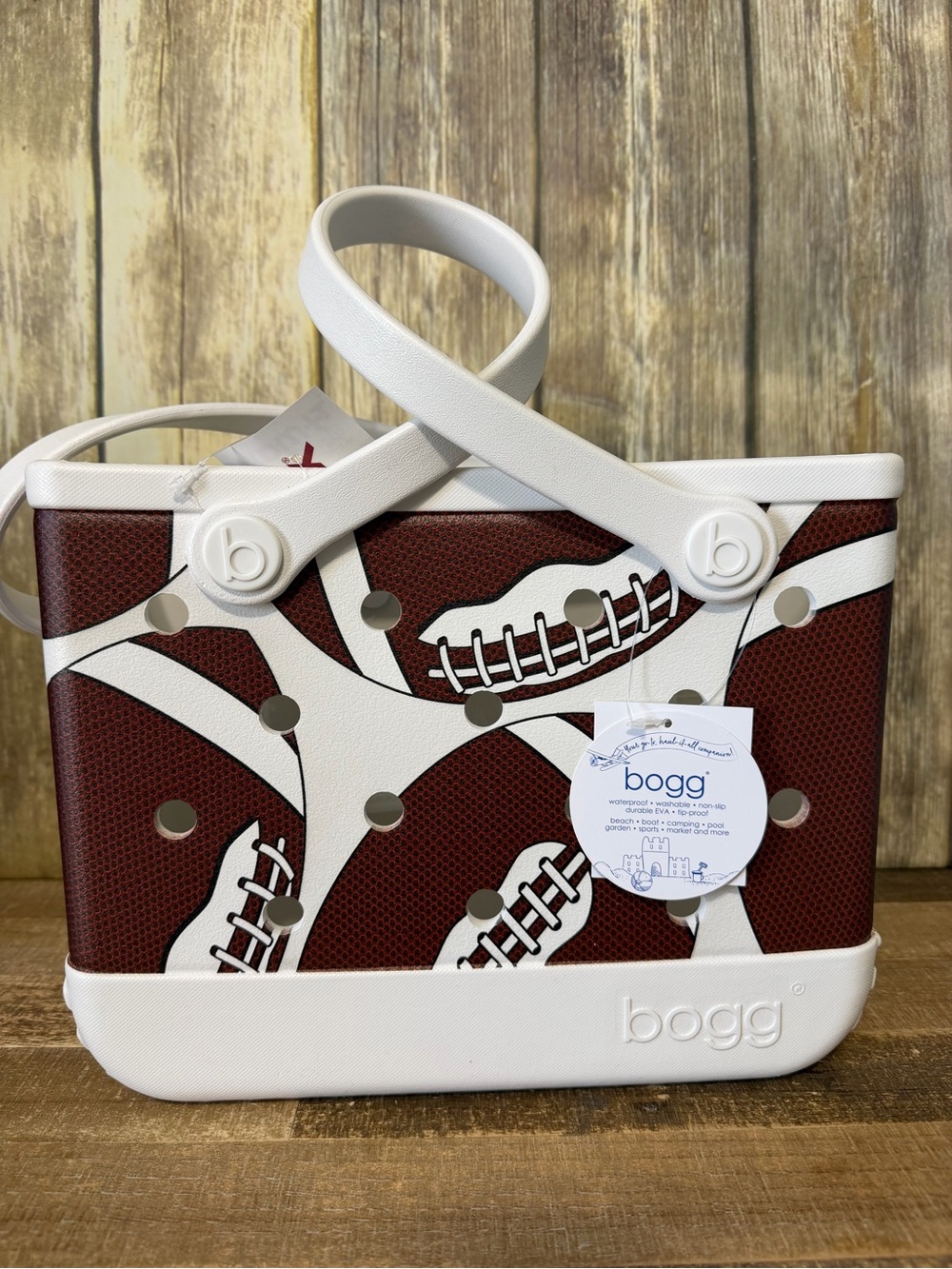 Bogg Bag Small Tote in White and Brown Football Print